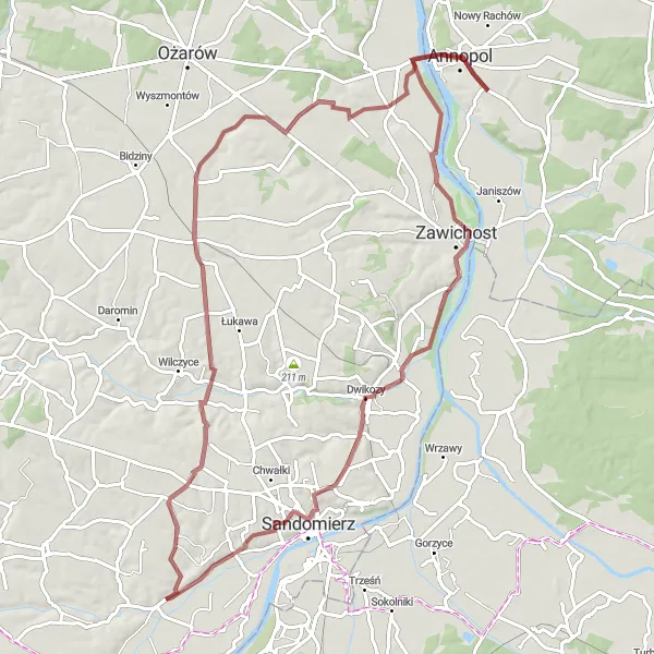 Map miniature of "Gravel Adventure: The Annopol Trail" cycling inspiration in Lubelskie, Poland. Generated by Tarmacs.app cycling route planner