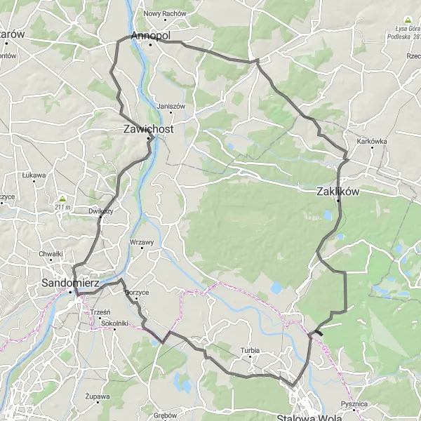 Map miniature of "Zaklików Route" cycling inspiration in Lubelskie, Poland. Generated by Tarmacs.app cycling route planner