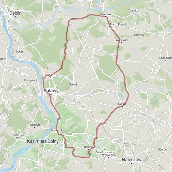 Map miniature of "Kurów to Parchatka Circuit" cycling inspiration in Lubelskie, Poland. Generated by Tarmacs.app cycling route planner