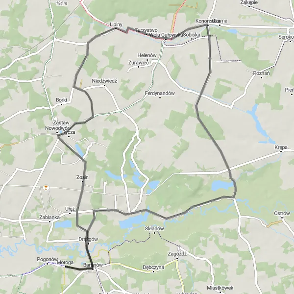 Map miniature of "Baranów - Drążgów - Lipiny - Sobieszyn Loop" cycling inspiration in Lubelskie, Poland. Generated by Tarmacs.app cycling route planner