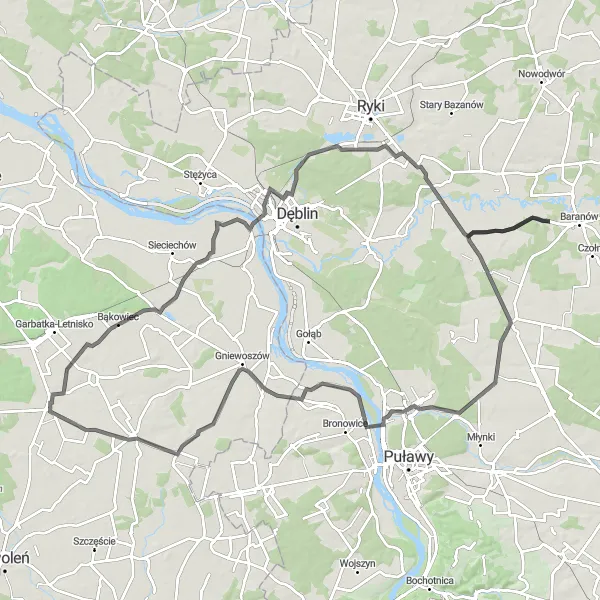 Miniatura mapy "Trasa przez Wronów, Wysokie Koło, Czarnolas, Garbatkę Nową i Opactwo" - trasy rowerowej w Lubelskie, Poland. Wygenerowane przez planer tras rowerowych Tarmacs.app