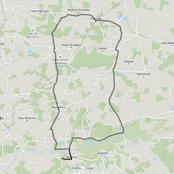 Map miniature of "Baranów - Nowodwór - Budek - Radoryż Smolany - Wola Burzecka - Sobieszyn Loop" cycling inspiration in Lubelskie, Poland. Generated by Tarmacs.app cycling route planner