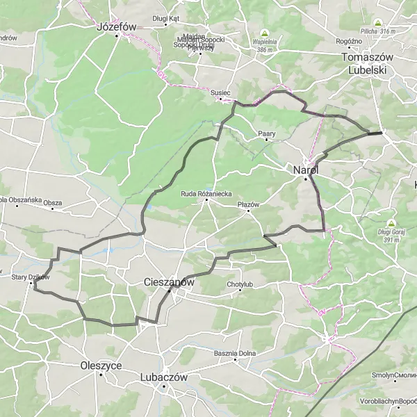Miniatura mapy "Trasa Podkarpackie Wzgórza" - trasy rowerowej w Lubelskie, Poland. Wygenerowane przez planer tras rowerowych Tarmacs.app
