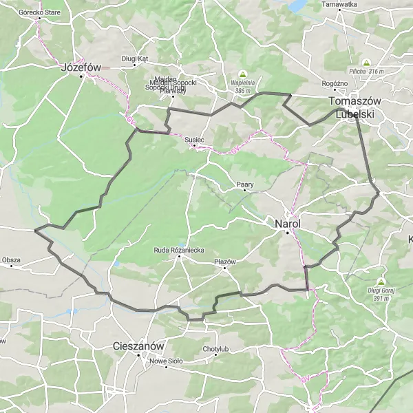 Map miniature of "The Łukawica and Gorajec Loop" cycling inspiration in Lubelskie, Poland. Generated by Tarmacs.app cycling route planner