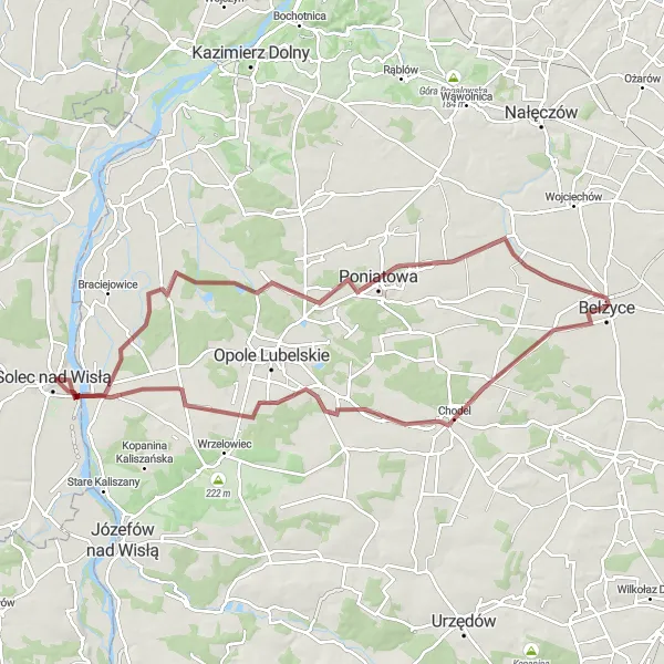 Map miniature of "Bełżyce - Chodel - Solec nad Wisłą - Poniatowa" cycling inspiration in Lubelskie, Poland. Generated by Tarmacs.app cycling route planner