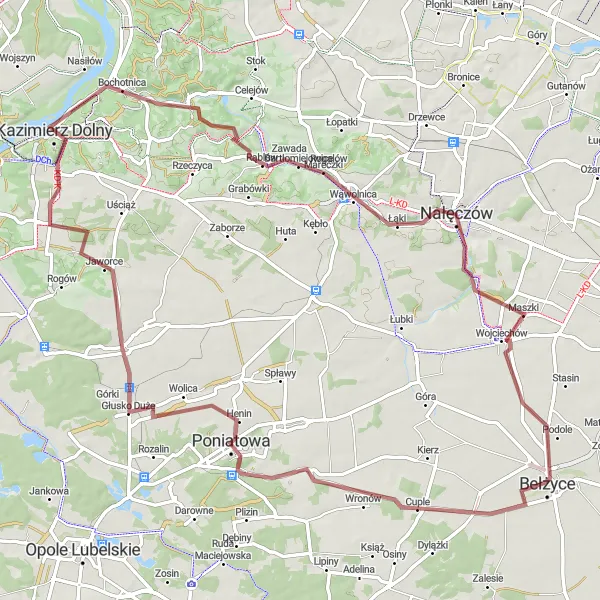 Map miniature of "Bełżyce - Poniatowa - Karczmiska Pierwsze - Wzgórze Trzech Krzyży - Góra Rogalowska - Nałęczów - Wojciechów" cycling inspiration in Lubelskie, Poland. Generated by Tarmacs.app cycling route planner