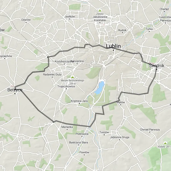 Map miniature of "Bełżyce - Motycz - Lublin - Wzgórze Czwartek - Świdnik - Dominów - Niedrzwica Duża" cycling inspiration in Lubelskie, Poland. Generated by Tarmacs.app cycling route planner