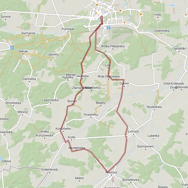 Map miniature of "The Rural Escape" cycling inspiration in Lubelskie, Poland. Generated by Tarmacs.app cycling route planner