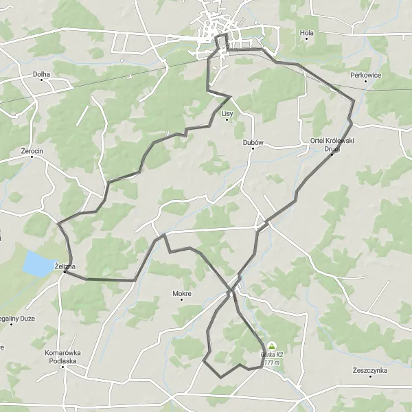Miniatura mapy "Trasa do Łomaz przez Czosnówkę i Kolembrody" - trasy rowerowej w Lubelskie, Poland. Wygenerowane przez planer tras rowerowych Tarmacs.app