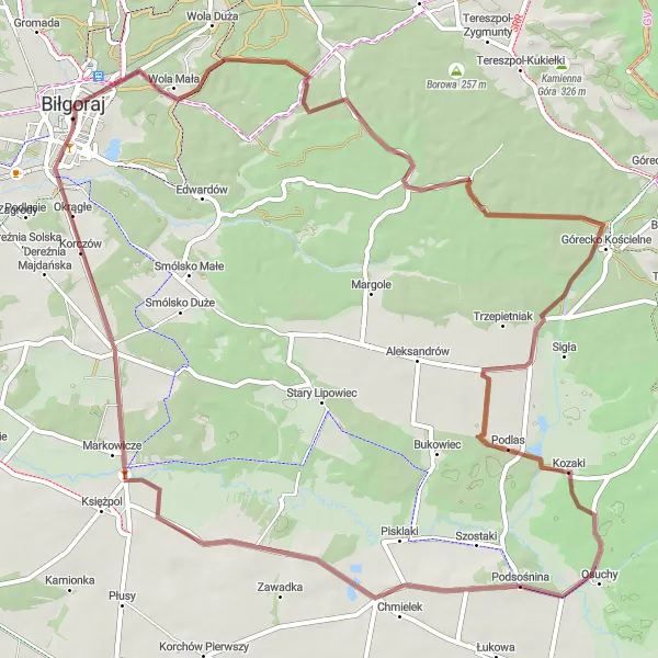 Miniatura mapy "Trasa rowerowa Biłgoraj - Górecko Kościelne - Osuchy" - trasy rowerowej w Lubelskie, Poland. Wygenerowane przez planer tras rowerowych Tarmacs.app