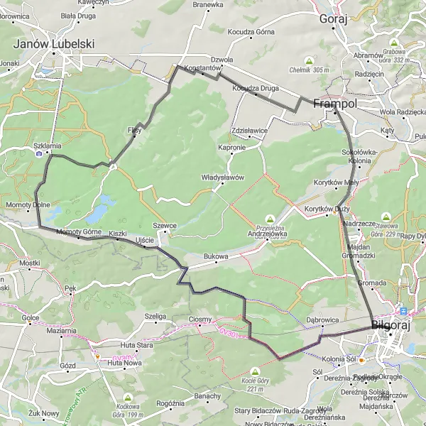Miniatura mapy "Trasa Szosowa Biłgoraj - Kopina" - trasy rowerowej w Lubelskie, Poland. Wygenerowane przez planer tras rowerowych Tarmacs.app
