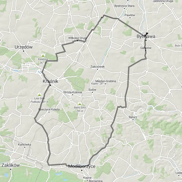 Map miniature of "Challenging Hills of Bychawa Road Cycling Route" cycling inspiration in Lubelskie, Poland. Generated by Tarmacs.app cycling route planner