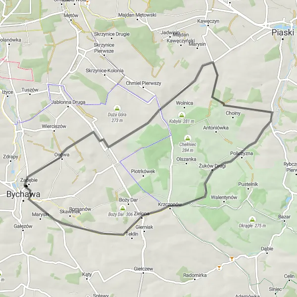 Map miniature of "Ptasia Góra and Bychawa Scenic Road Tour" cycling inspiration in Lubelskie, Poland. Generated by Tarmacs.app cycling route planner