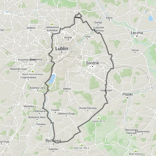 Map miniature of "Bychawa and Surroundings Road Cycling Route" cycling inspiration in Lubelskie, Poland. Generated by Tarmacs.app cycling route planner