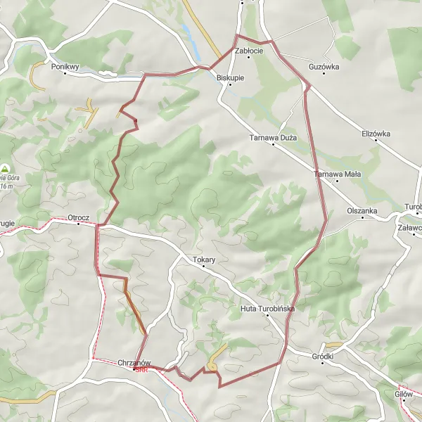 Map miniature of "Chrzanów gravel and panoramas" cycling inspiration in Lubelskie, Poland. Generated by Tarmacs.app cycling route planner