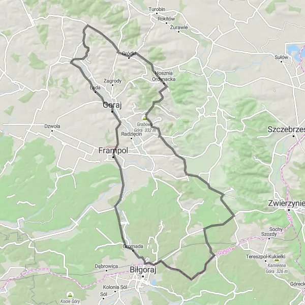 Map miniature of "Hosznia Abramowska Loop: Exploring Chrzanów's Surroundings" cycling inspiration in Lubelskie, Poland. Generated by Tarmacs.app cycling route planner