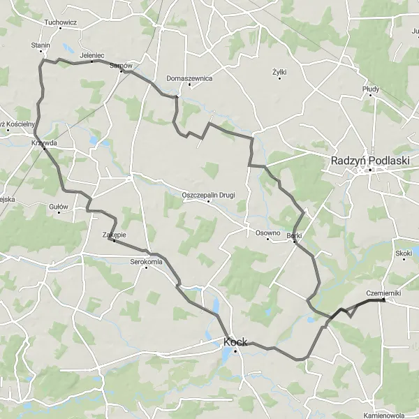 Miniatura mapy "Trasa szosowa do Leśniczówka, Kożuchówka, Zarzec Ulański i Tchórzew" - trasy rowerowej w Lubelskie, Poland. Wygenerowane przez planer tras rowerowych Tarmacs.app