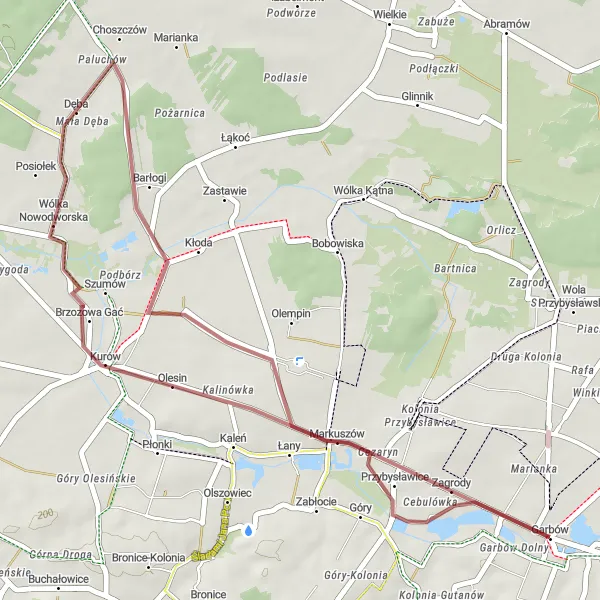 Map miniature of "Scenic Gravel Loop via Markuszów" cycling inspiration in Lubelskie, Poland. Generated by Tarmacs.app cycling route planner