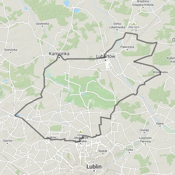 Map miniature of "Garbów - Lubartów - Niemce Loop" cycling inspiration in Lubelskie, Poland. Generated by Tarmacs.app cycling route planner