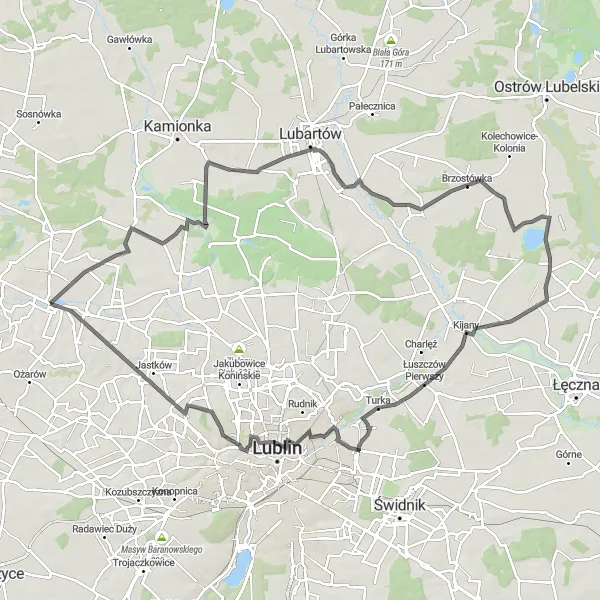 Map miniature of "Garbów - Nowodwór - Turka Loop" cycling inspiration in Lubelskie, Poland. Generated by Tarmacs.app cycling route planner