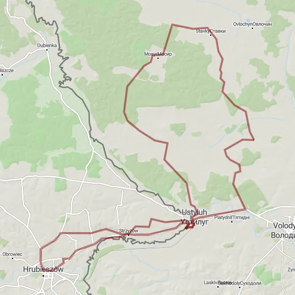 Map miniature of "The Historical Villages of Hrubieszów" cycling inspiration in Lubelskie, Poland. Generated by Tarmacs.app cycling route planner