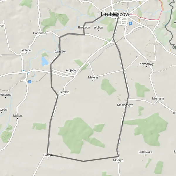 Miniatura mapy "Trasa Hrubieszów - Masłomęcz - Terebiń" - trasy rowerowej w Lubelskie, Poland. Wygenerowane przez planer tras rowerowych Tarmacs.app