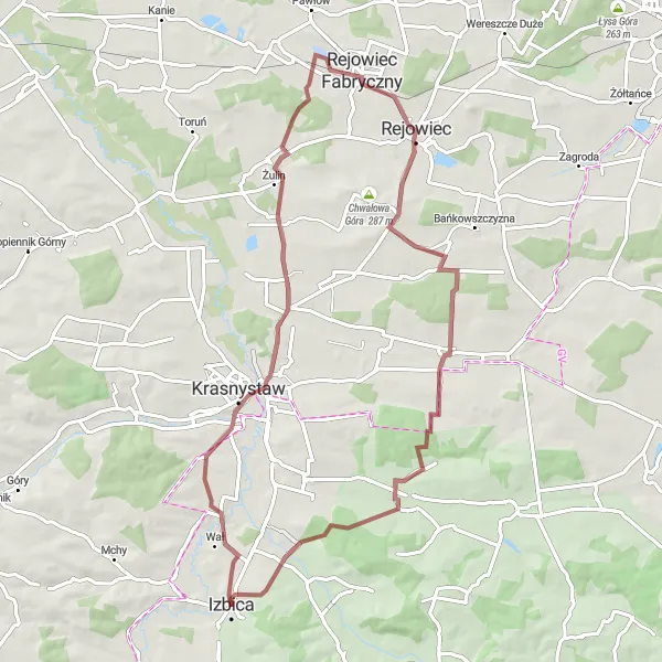 Map miniature of "Krasnystaw and Back" cycling inspiration in Lubelskie, Poland. Generated by Tarmacs.app cycling route planner