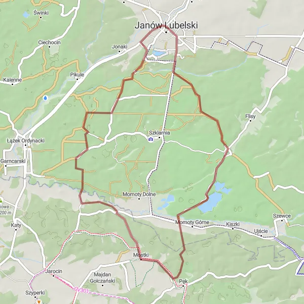 Map miniature of "Undulating Gravel Tracks around Janów Lubelski" cycling inspiration in Lubelskie, Poland. Generated by Tarmacs.app cycling route planner