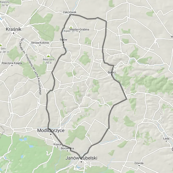 Map miniature of "The Tranquil Roads of Modliborzyce" cycling inspiration in Lubelskie, Poland. Generated by Tarmacs.app cycling route planner