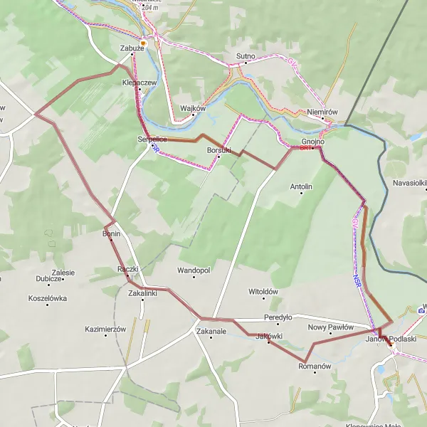 Map miniature of "Konstantynów to Klepaczew Gravel Trail" cycling inspiration in Lubelskie, Poland. Generated by Tarmacs.app cycling route planner