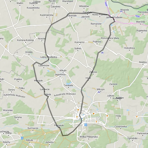 Map miniature of "Janów Podlaski to Stary Pawłów Loop" cycling inspiration in Lubelskie, Poland. Generated by Tarmacs.app cycling route planner