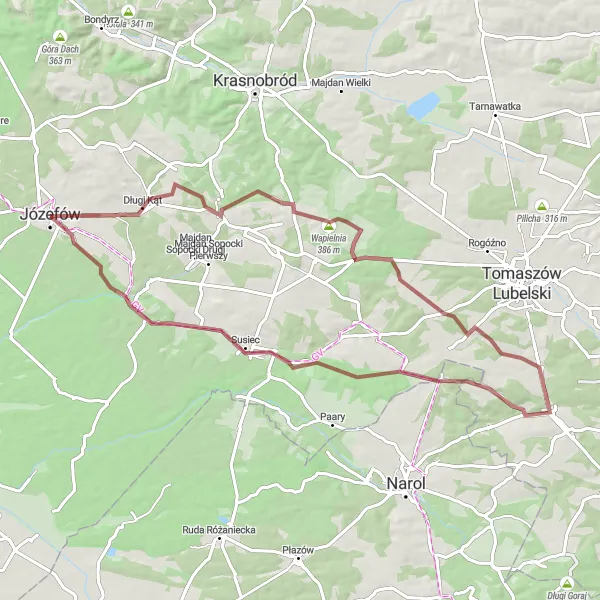 Miniatura mapy "Przejażdżka przez Koszele i Wieżę widokowa Nowiny" - trasy rowerowej w Lubelskie, Poland. Wygenerowane przez planer tras rowerowych Tarmacs.app
