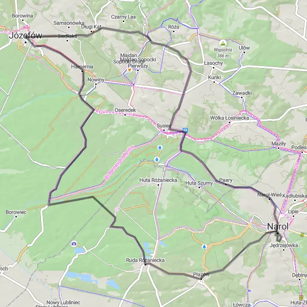 Map miniature of "Sightseeing through Józefów and its surroundings" cycling inspiration in Lubelskie, Poland. Generated by Tarmacs.app cycling route planner