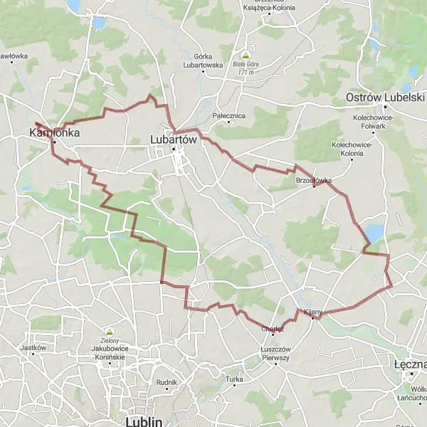Map miniature of "The Mieczysławka Gravel Adventure" cycling inspiration in Lubelskie, Poland. Generated by Tarmacs.app cycling route planner