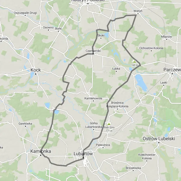 Map miniature of "Bełcząc Loop Road Cycling Route" cycling inspiration in Lubelskie, Poland. Generated by Tarmacs.app cycling route planner