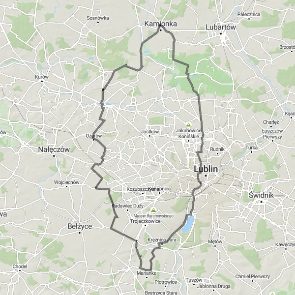 Map miniature of "Kamionka to Garbów Road Cycling Route" cycling inspiration in Lubelskie, Poland. Generated by Tarmacs.app cycling route planner