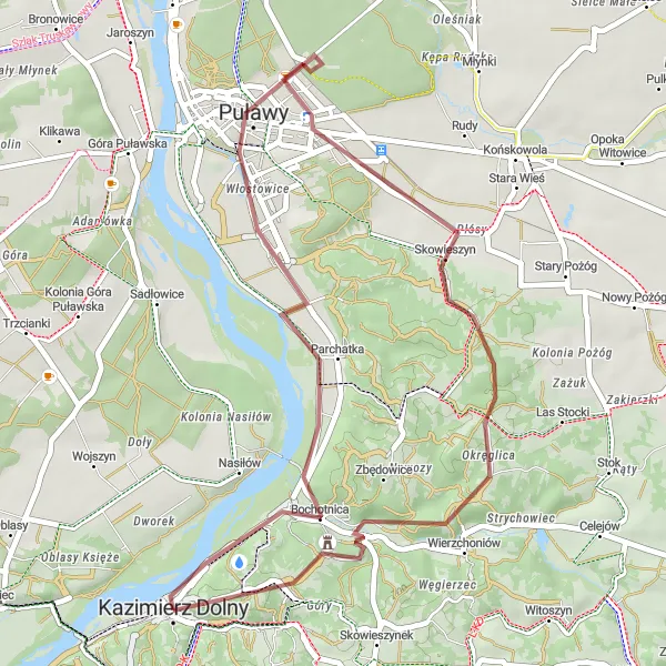 Map miniature of "Gravel Route to Wzgórze Trzech Krzyży" cycling inspiration in Lubelskie, Poland. Generated by Tarmacs.app cycling route planner