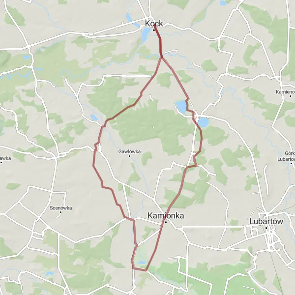 Map miniature of "Kock Gravel Adventure" cycling inspiration in Lubelskie, Poland. Generated by Tarmacs.app cycling route planner