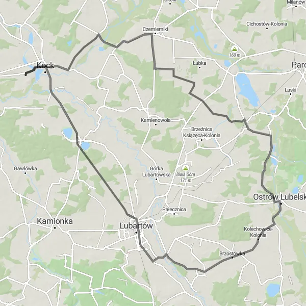 Miniatura mapy "Szlak przez Bełcząc, Serniki, Firlej i Kock" - trasy rowerowej w Lubelskie, Poland. Wygenerowane przez planer tras rowerowych Tarmacs.app