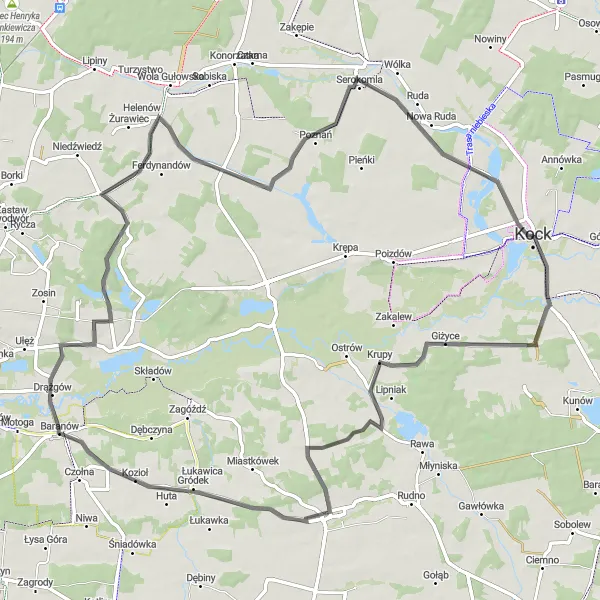 Map miniature of "Kock Heritage Trail" cycling inspiration in Lubelskie, Poland. Generated by Tarmacs.app cycling route planner