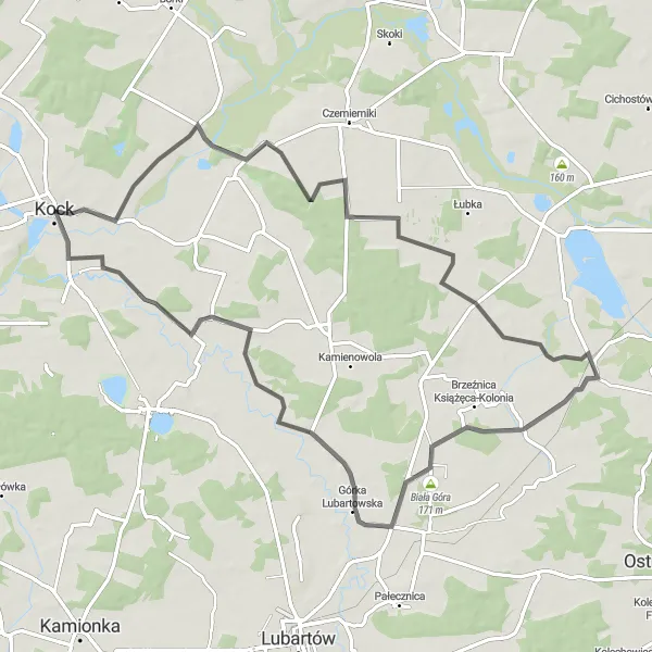 Map miniature of "Kock Countryside Delight" cycling inspiration in Lubelskie, Poland. Generated by Tarmacs.app cycling route planner