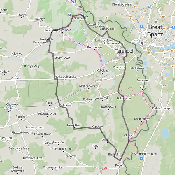 Map miniature of "Kopytów and Dobrynka Loop" cycling inspiration in Lubelskie, Poland. Generated by Tarmacs.app cycling route planner