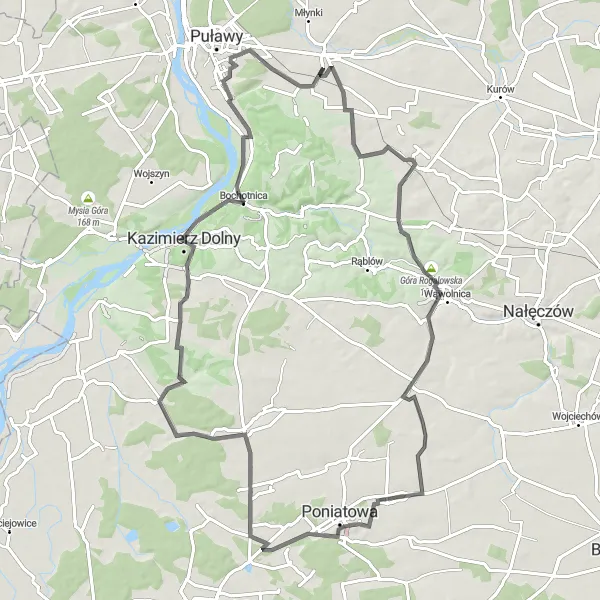 Miniatura mapy "Scenic Cycling Route around Kazimierz Dolny via Góra Rogalowska and Kamienica" - trasy rowerowej w Lubelskie, Poland. Wygenerowane przez planer tras rowerowych Tarmacs.app