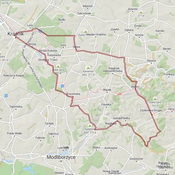 Miniatura mapy "Trasa Gravelowa przez Batorz" - trasy rowerowej w Lubelskie, Poland. Wygenerowane przez planer tras rowerowych Tarmacs.app