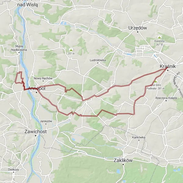 Miniatura mapy "Trasa Gravel w okolicach Kraśnika" - trasy rowerowej w Lubelskie, Poland. Wygenerowane przez planer tras rowerowych Tarmacs.app