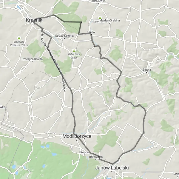 Miniatura mapy "Trasa Rowerowa do Modliborzyc" - trasy rowerowej w Lubelskie, Poland. Wygenerowane przez planer tras rowerowych Tarmacs.app