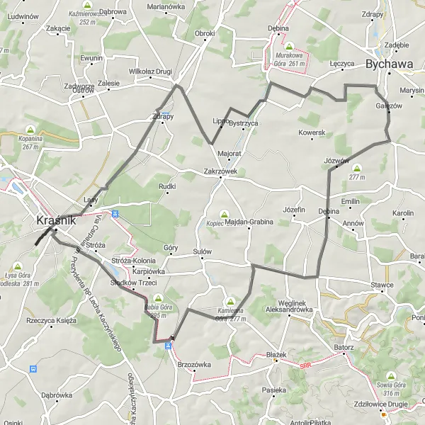 Miniatura mapy "Trasa Szosowa z Kraśnika do Gałęzowa" - trasy rowerowej w Lubelskie, Poland. Wygenerowane przez planer tras rowerowych Tarmacs.app