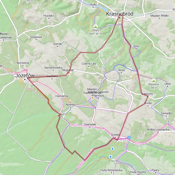 Map miniature of "Kraśnianka Gravel Adventure" cycling inspiration in Lubelskie, Poland. Generated by Tarmacs.app cycling route planner