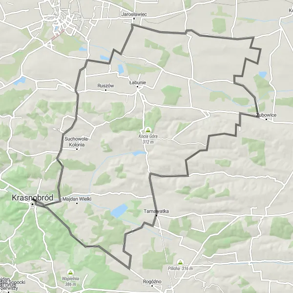 Miniatura mapy "Trasa przez Rachodoszcze i Tarnawatkę" - trasy rowerowej w Lubelskie, Poland. Wygenerowane przez planer tras rowerowych Tarmacs.app