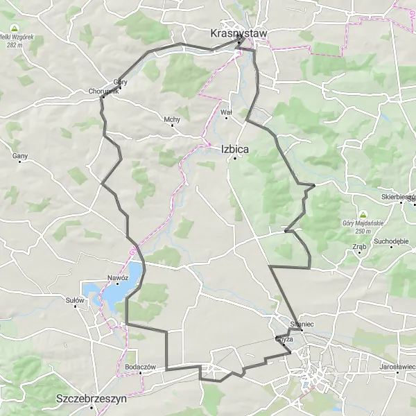 Map miniature of "Challenging Road Adventure to Stryjów and Gorzków-Osada" cycling inspiration in Lubelskie, Poland. Generated by Tarmacs.app cycling route planner